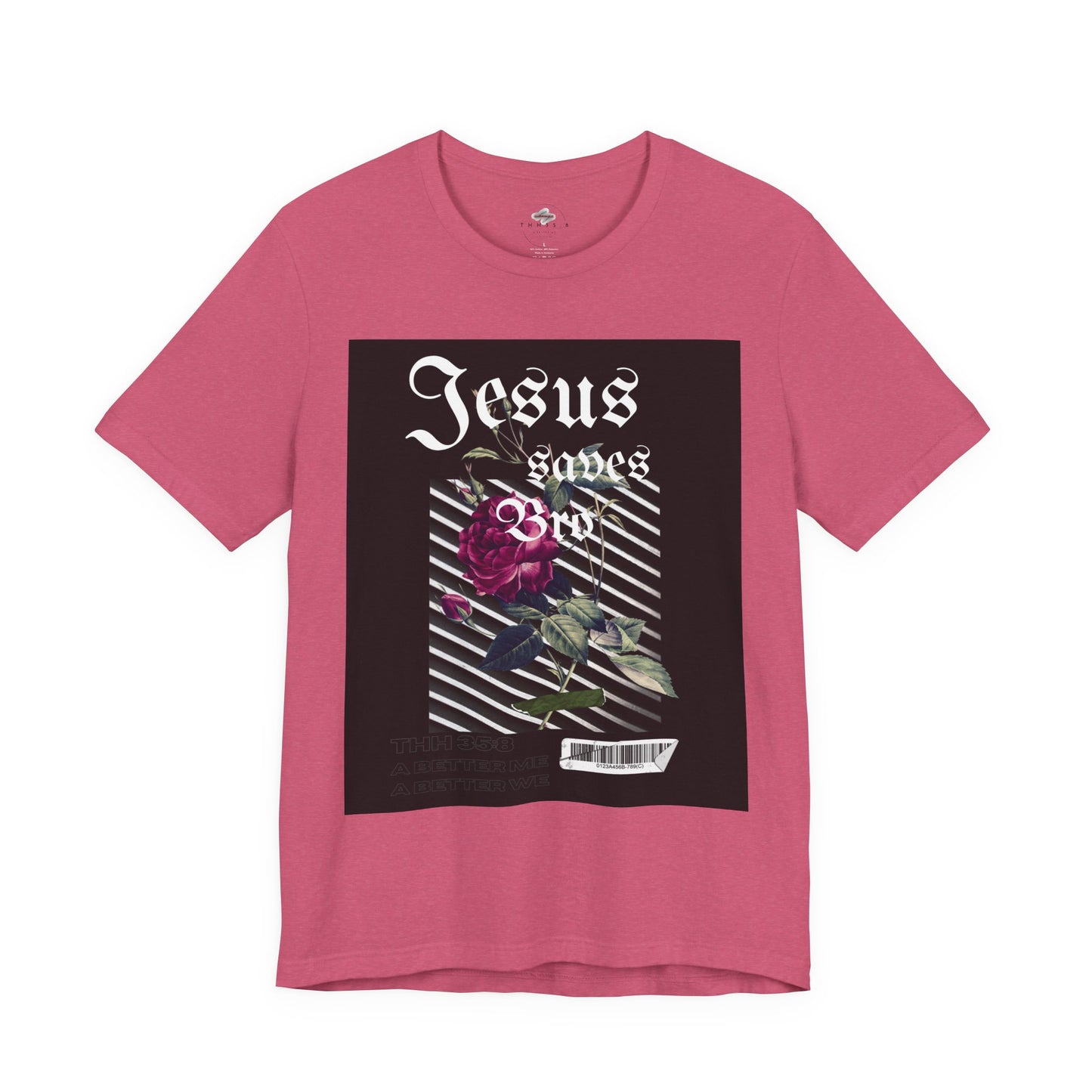 Jesus Saves Rose Short Sleeve Tee, Unisex Jersey Shirt, Christian T-Shirt, Faith-Based Apparel, Inspirational Gift